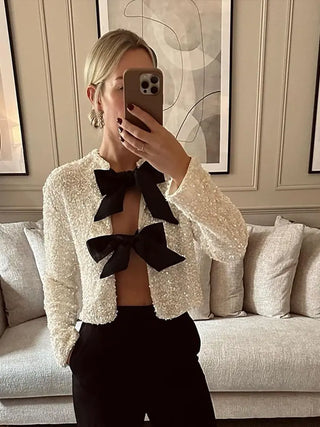 Chic Cropped Sequin Jacket With Bow