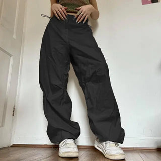 Women Casual Joggers Tech Pants Oversized Solid Low Waist Drawstring Baggy Cargos