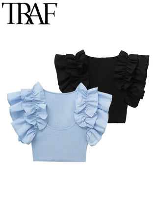 Ruffle Sleeve Knitted Woman Tees