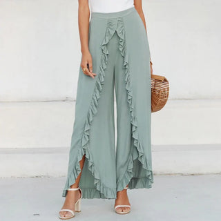 Vintage Green Ruffles High Waisted Wide Leg Pants