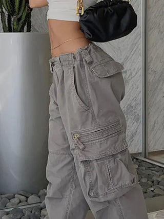 Streetwear Cargo Pants Zip Pocket Low Rise Denim Trousers Vintage