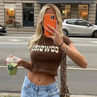 Vintage Letter Print Crop Tops Women's Casual Summer Tee 2021