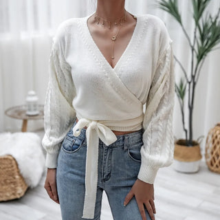 V-Neck Cross Wrap Women's Knitted Sweaters