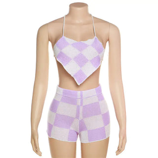 Lola Halter Crochet Knit Checkered Short Set