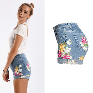 Flower Embroidery Denim Shorts