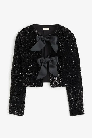 Chic Cropped Sequin Jacket With Bow