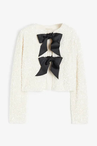 Chic Cropped Sequin Jacket With Bow