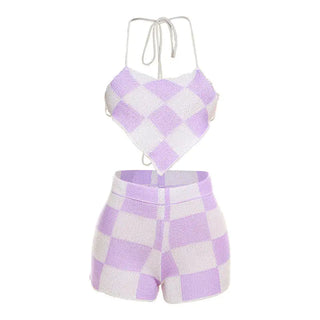 Lola Halter Crochet Knit Checkered Short Set