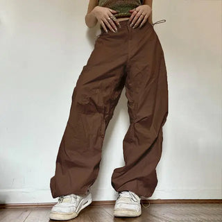 Women Casual Joggers Tech Pants Oversized Solid Low Waist Drawstring Baggy Cargos