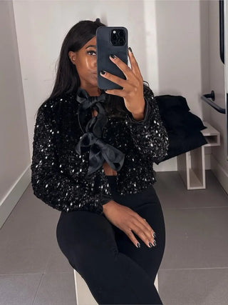 Chic Cropped Sequin Jacket With Bow