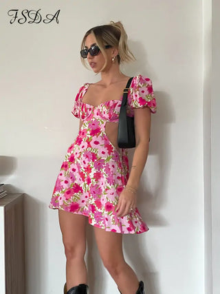 Cut Out Pink Floral Mini Dress