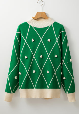 Diamond Pattern Contrast Trim Mock Neck Sweater