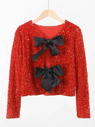 Chic Cropped Sequin Jacket With Bow