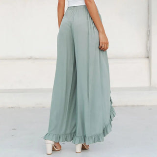 Vintage Green Ruffles High Waisted Wide Leg Pants