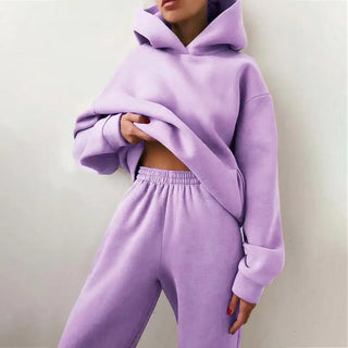 Women's Casual Solid Long Sleeve Hooded Two Piece Set