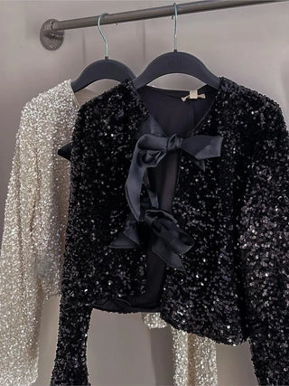 Chic Cropped Sequin Jacket With Bow