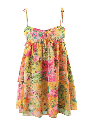 Bow Ruched Floral Summer Mini Dress