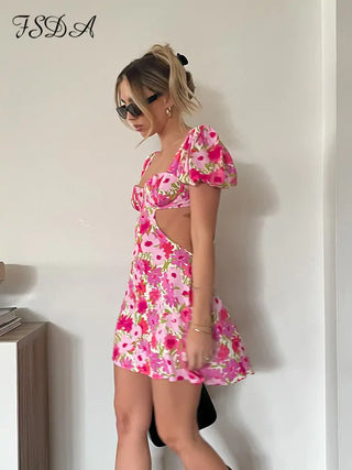 Cut Out Pink Floral Mini Dress